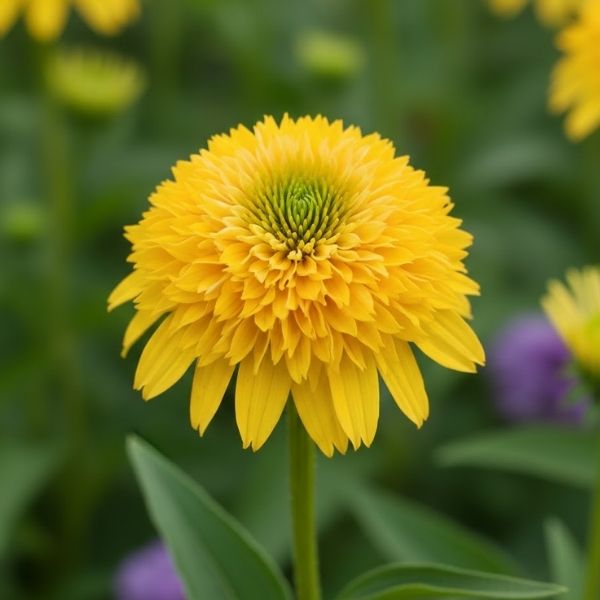 Cara Mia Yellow Coneflower (Echinacea). A compact, dwarf perennial with multiple fully double, pompom-style yellow blooms on short, sturdy stems in a garden setting.