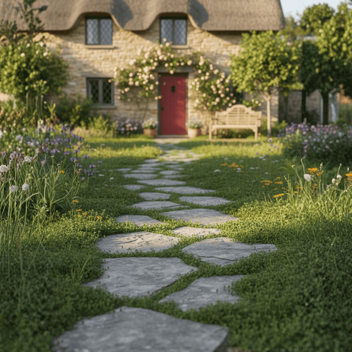 Stone path leading to a thatched-roof house with a garden