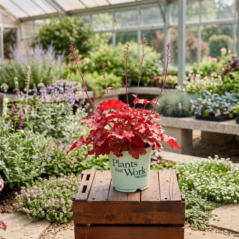 Forever Red Coral Bells (Heuchera) displays vibrant crimson-red foliage with delicate burgundy flower spikes in a white container within a greenhouse.