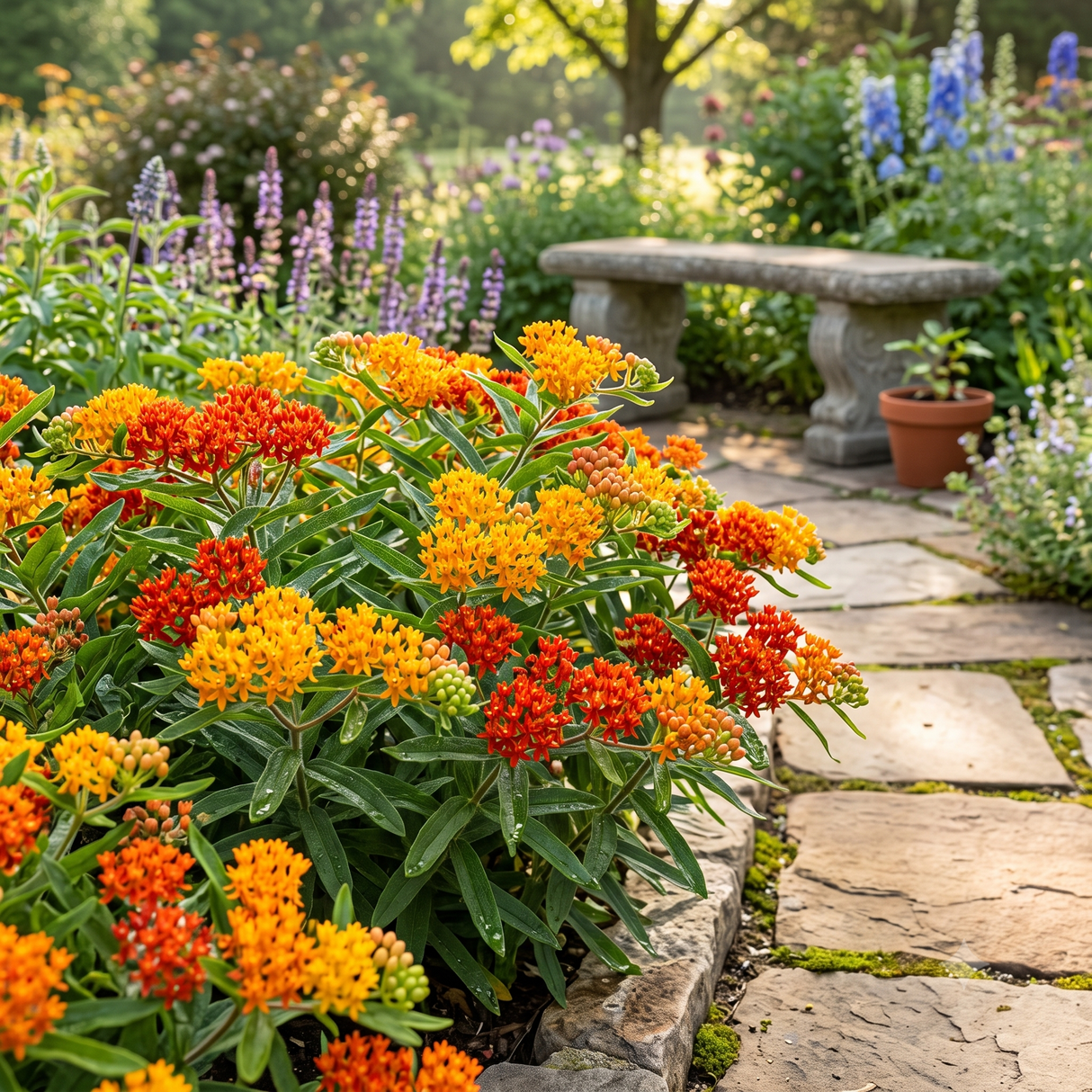 Gay Butterflies Butterfly Weed with vivid orange and red blooms lines a stone garden path alongside purple salvia and delphiniums.