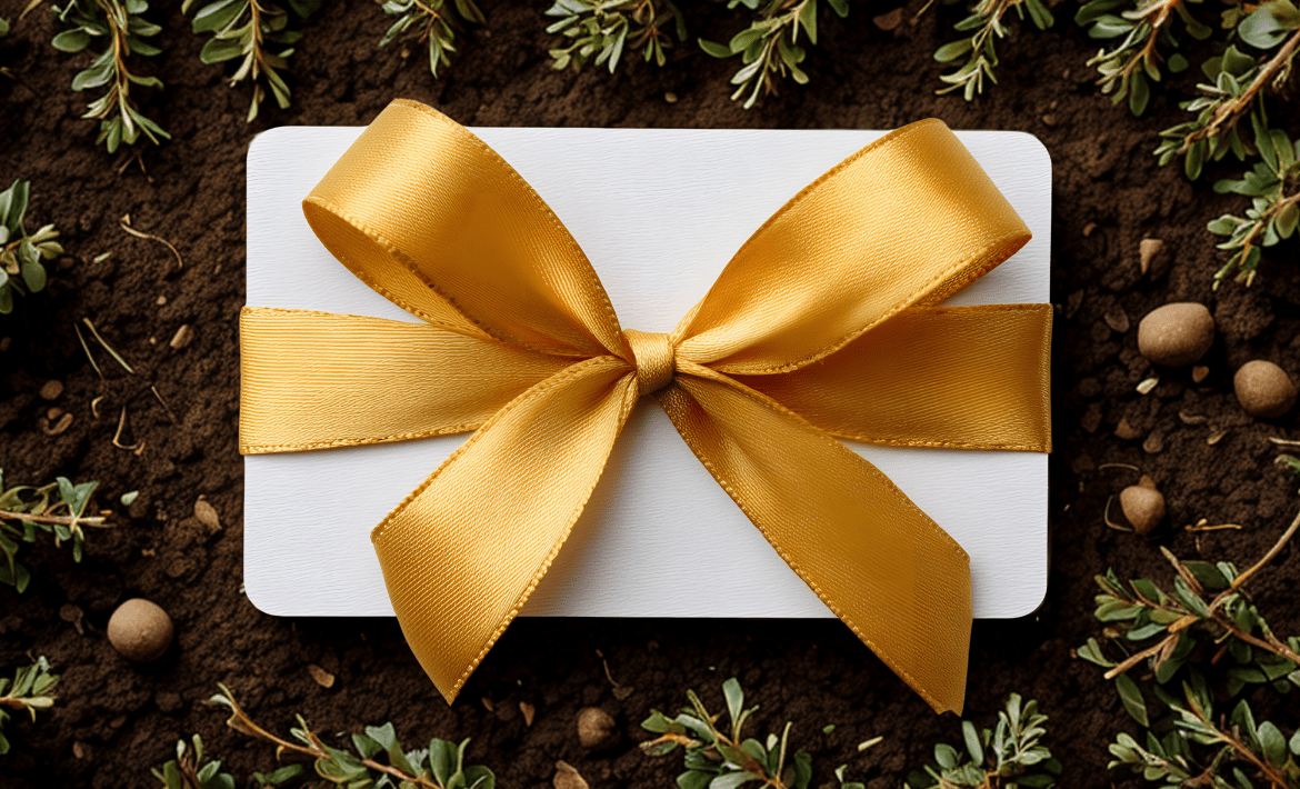 A white gift card wrapped in a large gold satin bow, resting on dark brown soil framed by small green sprigs.