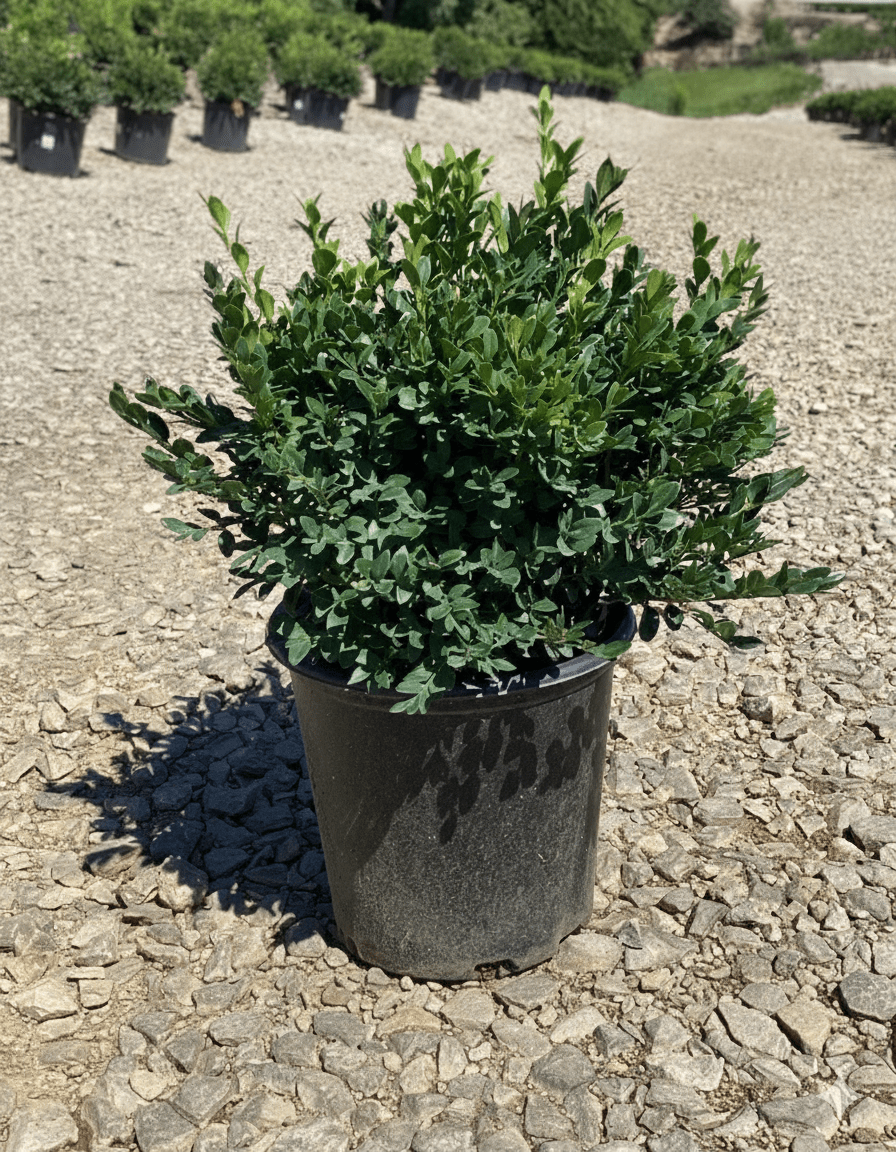 Green Velvet Boxwood on a gravel surface with other boxwood in the background