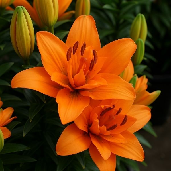Lily Looks Tiny Double Dutch Asiatic Lily (Lilium asiaticum 'Tiny Double Dutch'). A compact, dwarf variety with unique double-petaled, deep orange-red flowers.