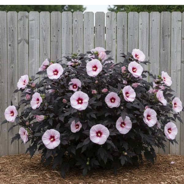 A robust clump of Perfect Storm Hibiscus providing tropical color in cold climates. Its dinner-plate sized flowers are excellent for mid-border planting or containers.