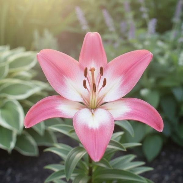 Tiny Diamond Dwarf Asiatic Lily in full bloom. This compact, short-statured perennial features bold, upward-facing, vibrant pink/white flowers on sturdy stems.