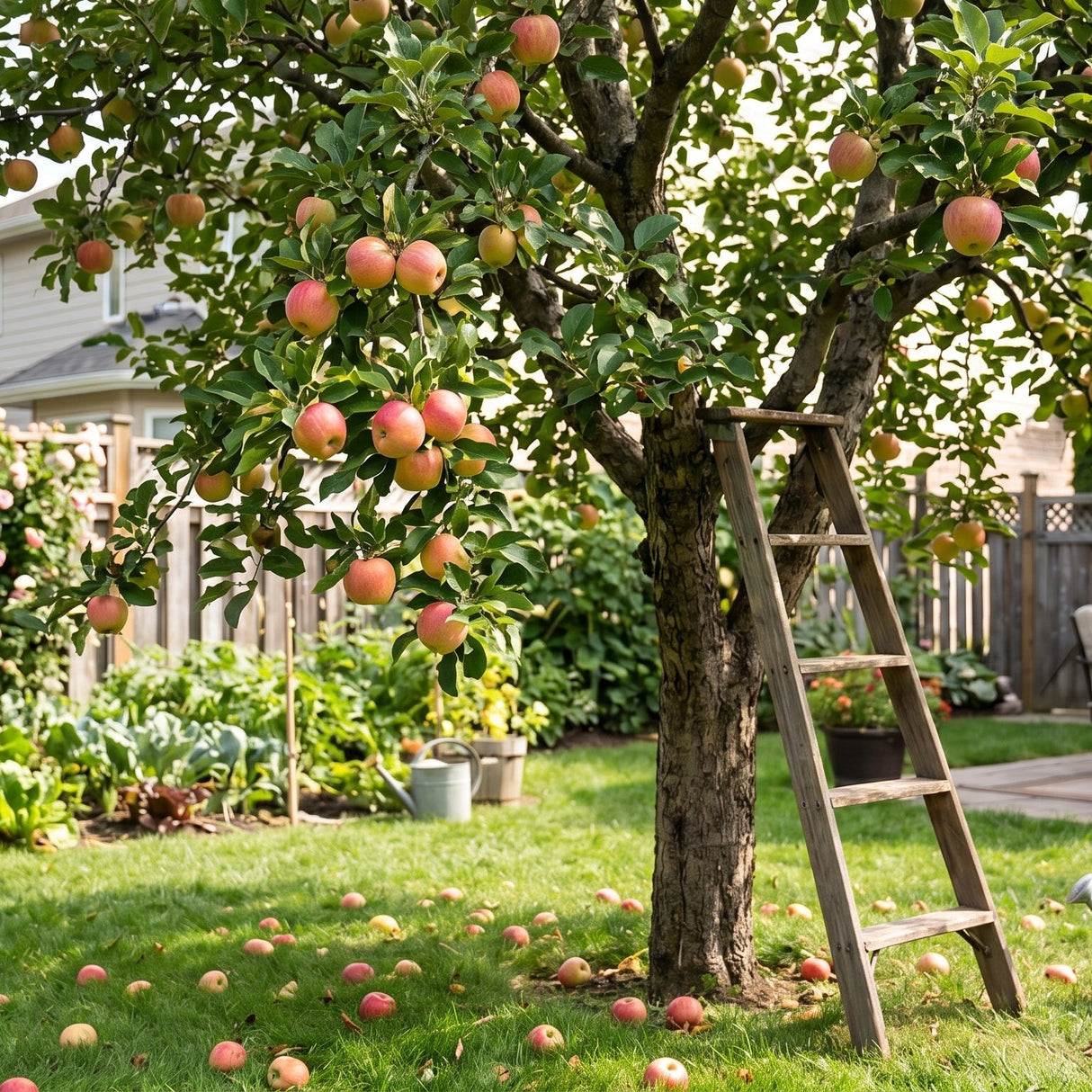 Ambrosia apple tree loaded with ripe red fruit in a backyard garden, with a wooden ladder leaning against the trunk.