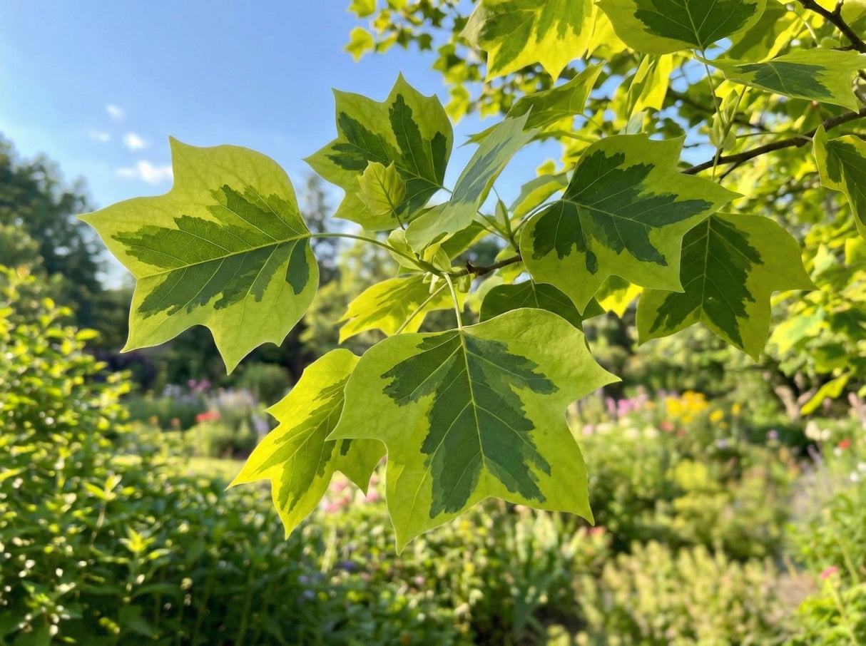A close-up view of the distinct, yellow-margined variegated leaves of a Variegated Tulip Tree (Liriodendron tulipifera 'Aureomarginatum') branch against a blurred, sunny garden and blue sky background.