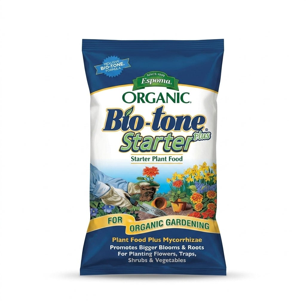 Espoma Bio-tone Starter Plus 5oz packet hero product shot on a seamless pure white background.