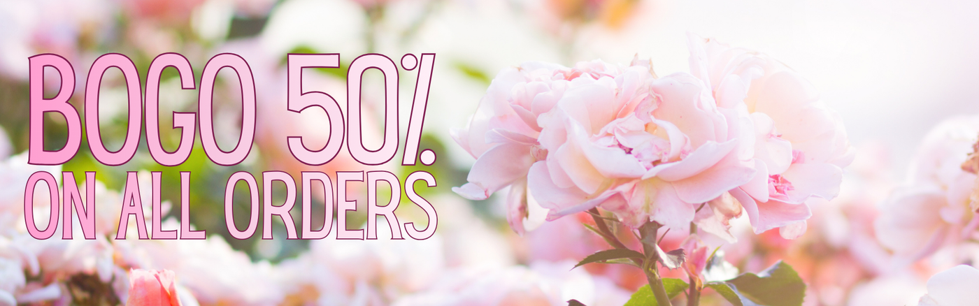 BOGO 50% on all orders promotional text overlaid on a background of soft pink roses.