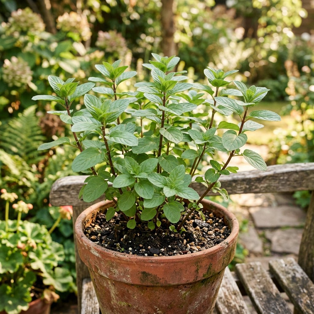 Lush Chocolate Mint plant growing naturally in a rustic terracotta pot within a warm, sunny residential garden setting.