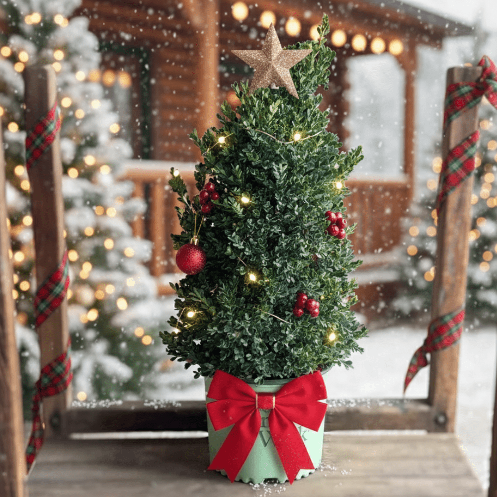 Cranberry Creek Boxwood shrub in a decorated pot with fairy lights, red ornaments, and a star topper on a snowy porch.