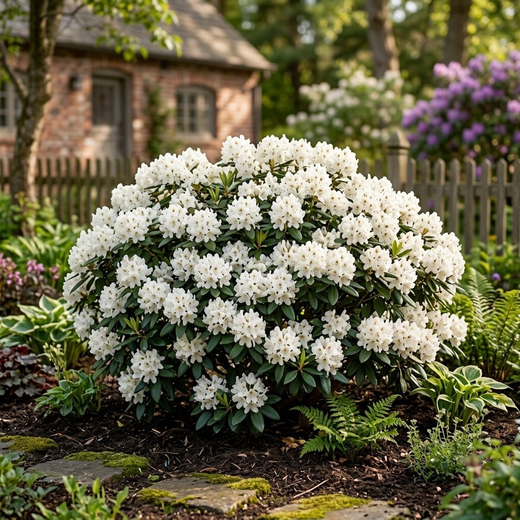 Cunningham's White Rhododendron covered in dense clusters of white blooms growing in a cottage garden border.