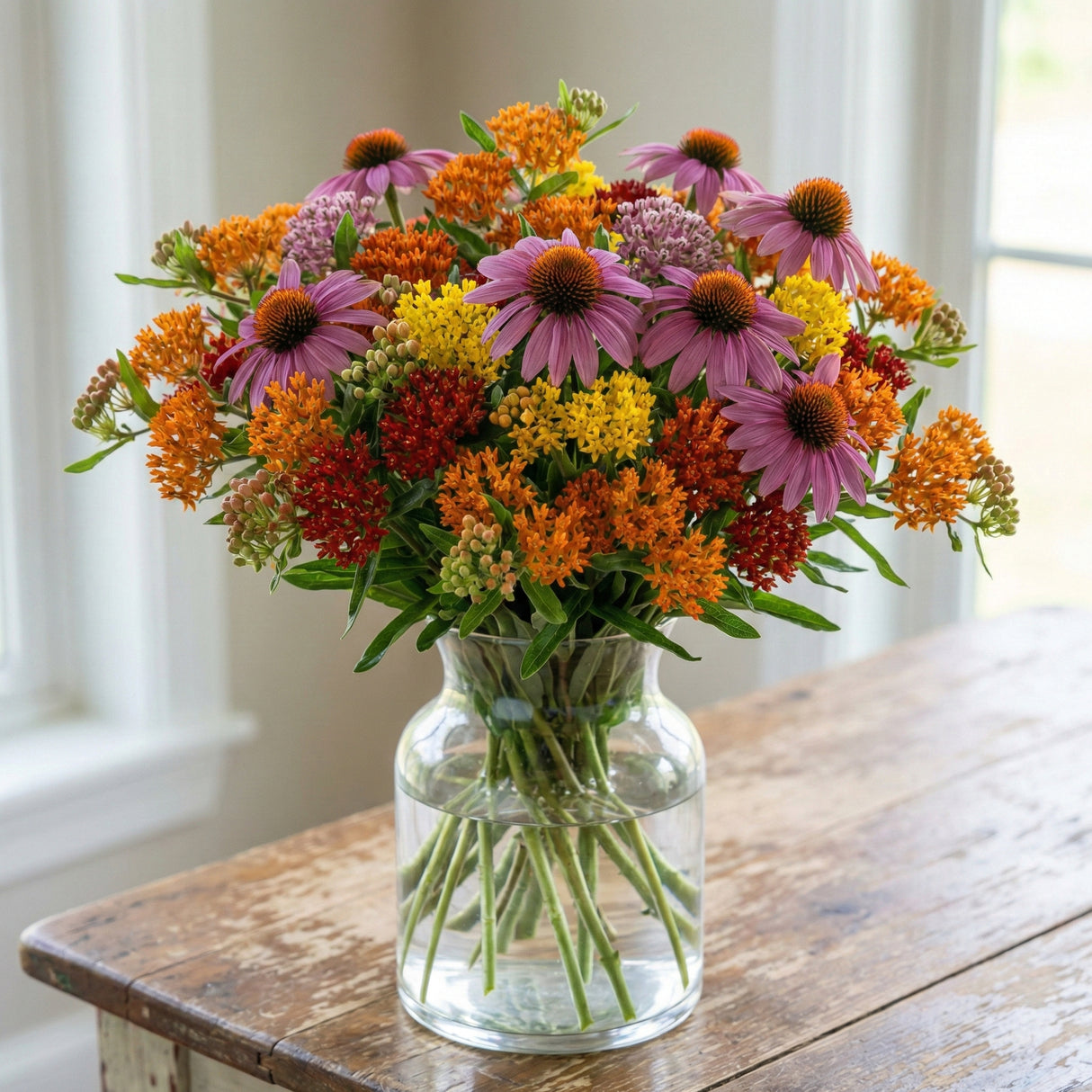 Gay Butterflies butterfly weed and mixed flower bouquet in a glass vase featuring bright orange and red Asclepias tuberosa clusters, purple coneflowers, yellow yarrow, and green foliage on a wooden table by a window