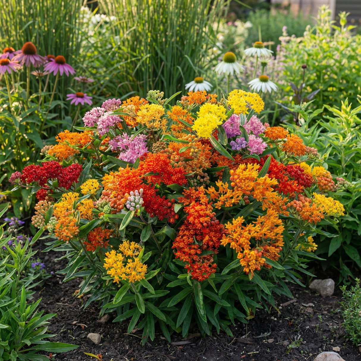Gay Butterflies butterfly weed (Asclepias tuberosa) in full bloom in a garden setting, displaying dense clusters of orange, red, and golden yellow flowers with narrow green foliage, surrounded by purple coneflowers and ornamental grasses