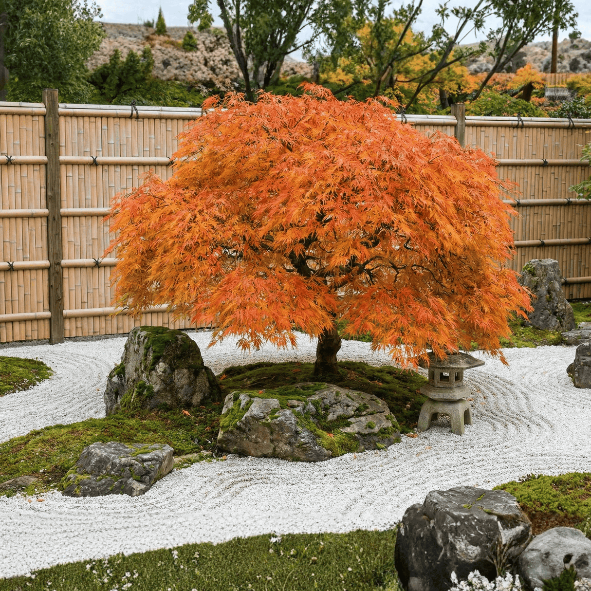 Green Laceleaf Japanese Maple tree displaying vibrant orange and golden autumn foliage in a traditional Japanese Zen garden with white gravel and rocks.