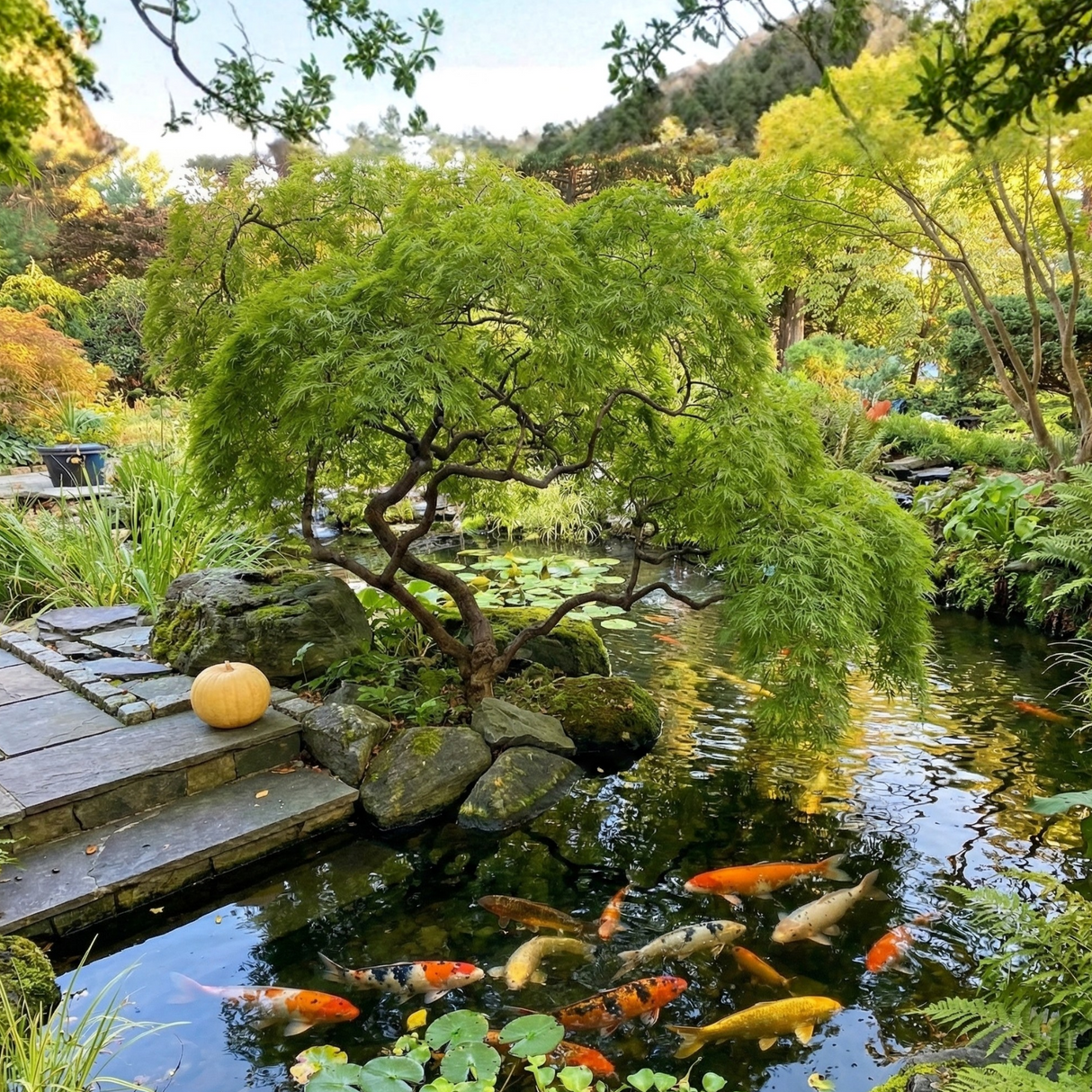 A mature green weeping Japanese maple tree overhangs a clear koi pond filled with colorful fish like orange, white, and black koi. A stone flagstone path and steps lead to the water's edge, where a small pumpkin sits. Water lilies and ferns surround the pond.