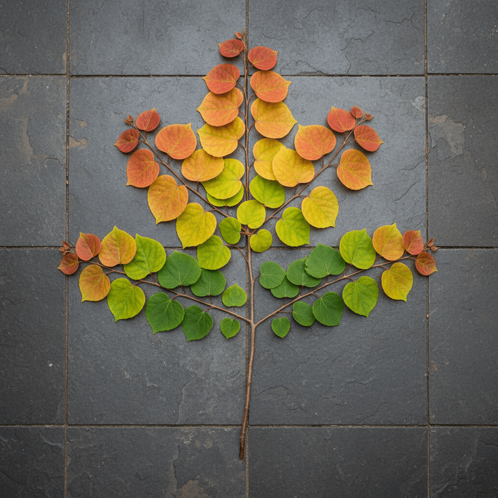 Hearts A' Fire Redbud fall foliage showing color progression from green to orange and red