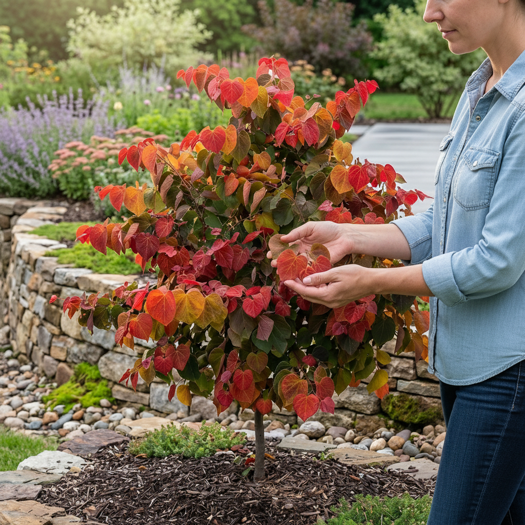 Hearts A' Fire Redbud tree with brilliant red and orange fall foliage on white background