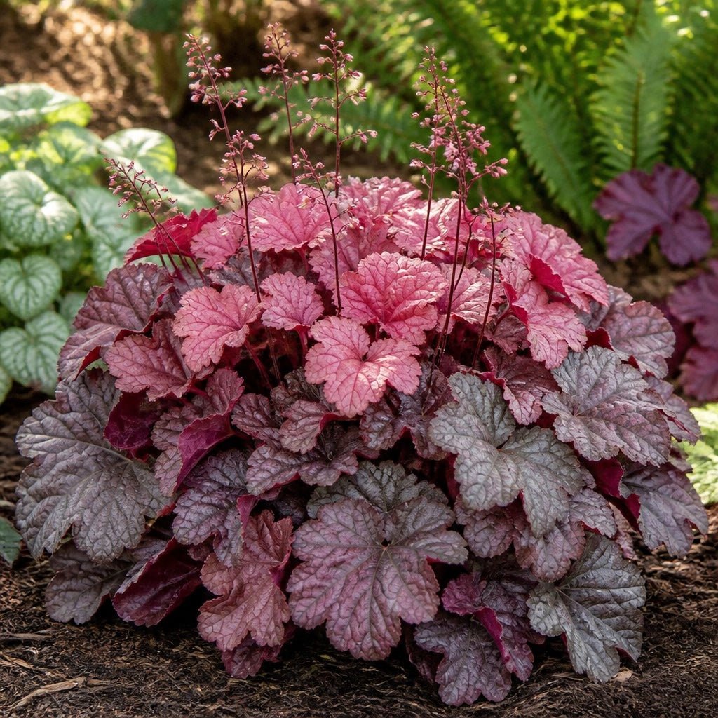 Iridescent Coral Bells mound with pink and pewter-purple foliage in a shaded garden bed.
