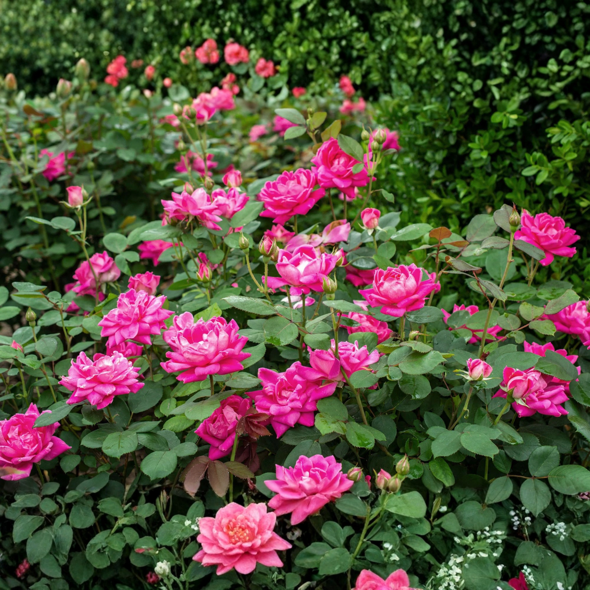 Bright pink Double Knock Out® Rose flowers and buds growing on a low-maintenance shrub rose bush.