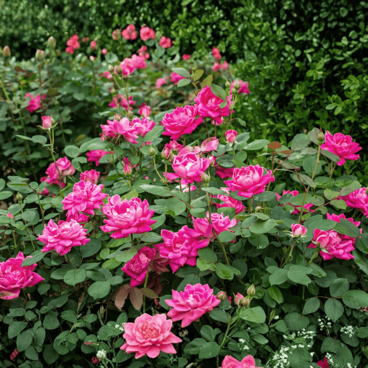 Bright pink Double Knock Out® Rose flowers and buds growing on a low-maintenance shrub rose bush.