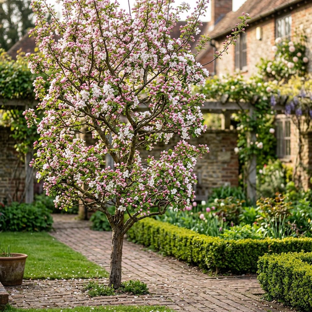 Malus zumi Calocarpa Redbud Crabapple Tree blooming with pink buds and white flowers in a classic English cottage garden.