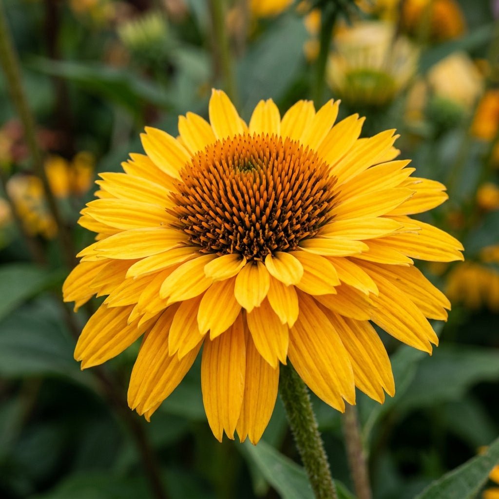 Sunseekers Golden Sun Coneflower displaying bright yellow petals surrounding a domed orange-brown center cone in a garden bed.