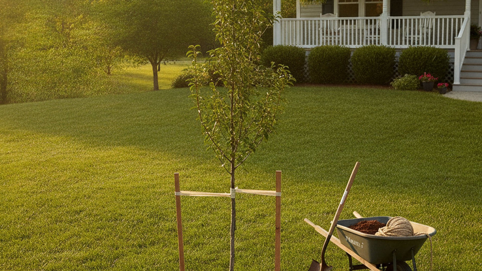 Freshly planted young Whipper Snapper tree with mulch ring and wooden stakes in a tidy front yard at golden hour
