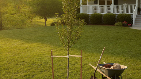 Freshly planted young Whipper Snapper tree with mulch ring and wooden stakes in a tidy front yard at golden hour