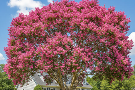 Best flowering trees for zone 7 - Crape Myrtle tree in full summer bloom with bright pink flower clusters in a residential landscape
