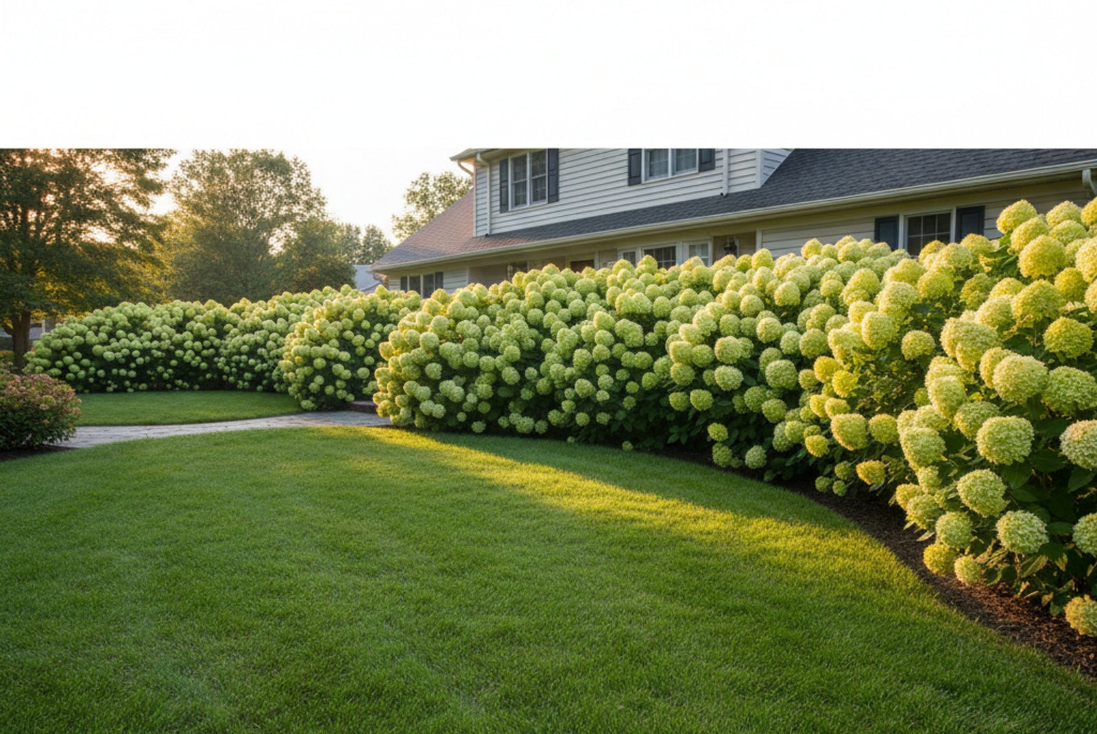 Best hydrangeas for beginners - Limelight hydrangeas in full bloom with lime green flower panicles in a residential garden