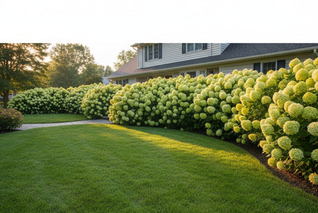 Best hydrangeas for beginners - Limelight hydrangeas in full bloom with lime green flower panicles in a residential garden