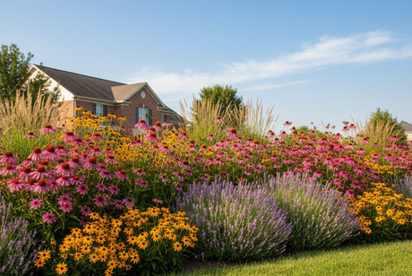Best low maintenance perennials for full sun - colorful garden bed with Purple Coneflowers, Black-Eyed Susans, Lavender, and ornamental grasses