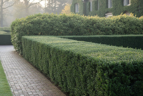 Boxwood vs Privet for hedges - formal boxwood hedge with clean rectangular shape along a brick walkway in a residential garden