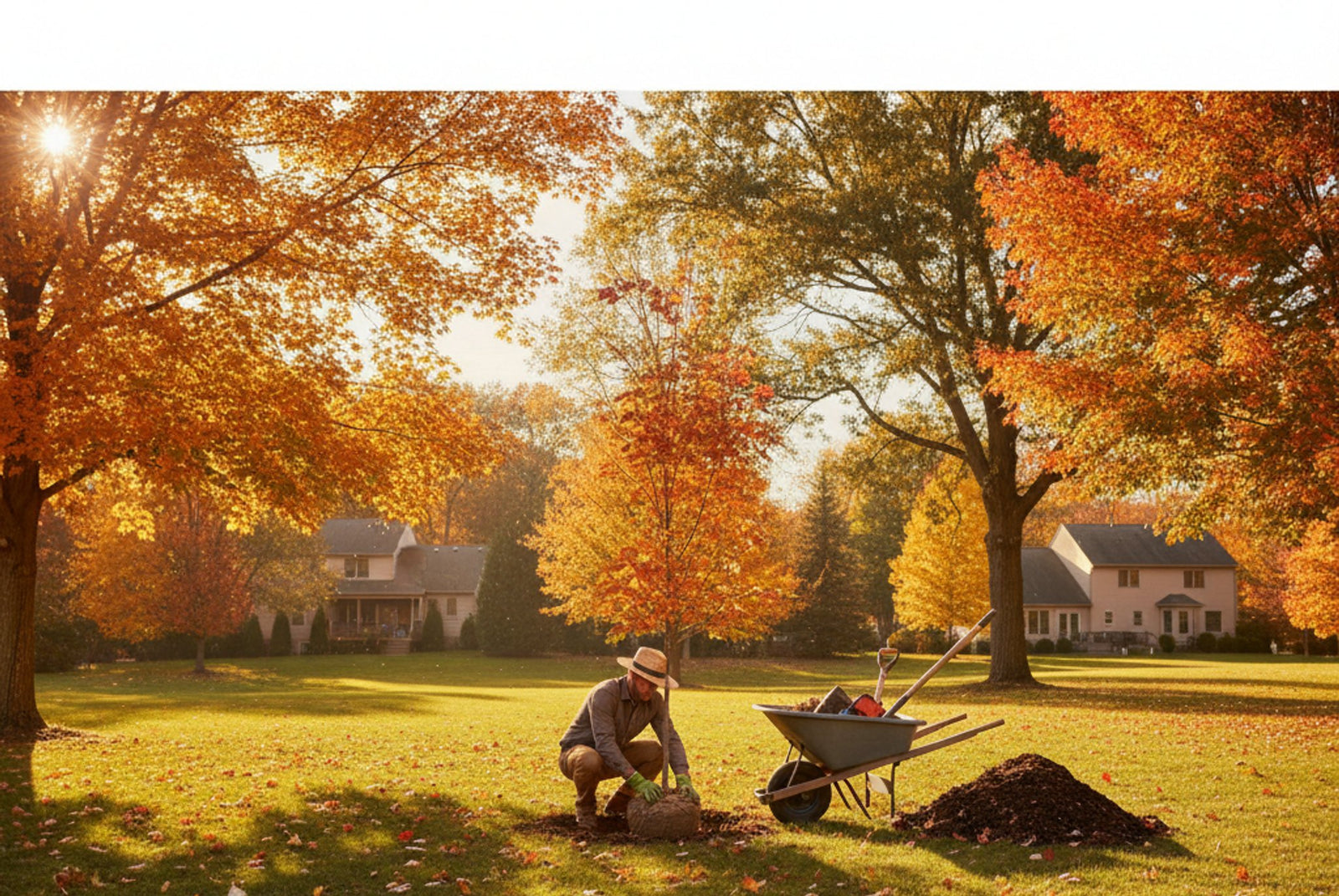 Fall planting guide - gardener planting a young maple tree surrounded by beautiful autumn foliage in orange, red, and gold