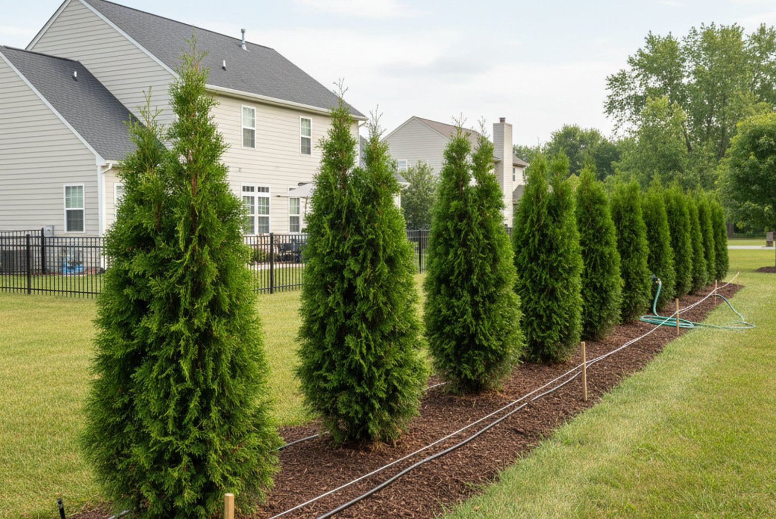 How to plant a privacy screen step by step - freshly planted row of young Green Giant Arborvitae evenly spaced along a property line