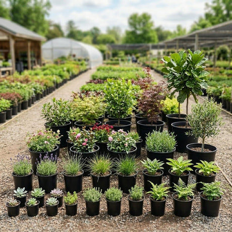 A visual comparison of different nursery plant container sizes, showing the scale difference between small quart pots in the foreground up to large multi-gallon planters in the background.