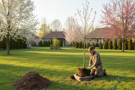 When to plant trees and shrubs by zone - gardener planting a container-grown tree in a suburban backyard during the ideal spring planting window