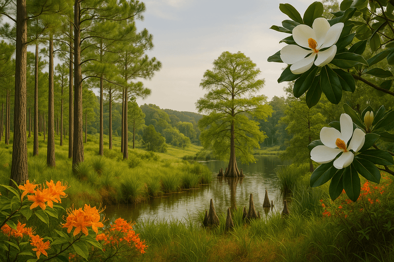 Scenic Alabama wetland with longleaf pine stand, bald cypress in pond, blooming Southern magnolia flowers and orange native azaleas—showcasing native plants of Alabama.