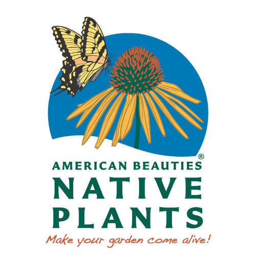 American Beauties Native Plants logo featuring a yellow swallowtail butterfly and orange coneflower against a blue circle with the tagline "Make your garden come alive!"