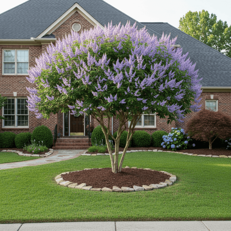 A stunning, multi-trunk chaste tree, the centerpiece of a front yard landscape before a large brick house. The tree is in full bloom with vibrant purple-lavender flower spikes, planted in a manicured lawn's stone-edged mulch bed.