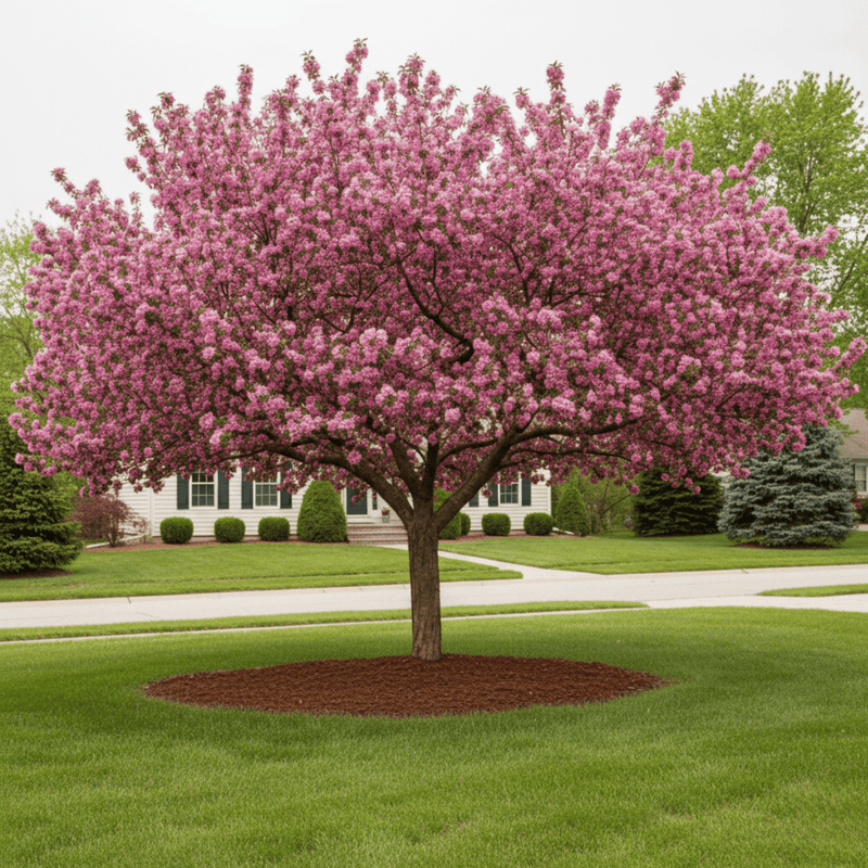 A mature, blooming crabapple tree with vibrant pink flowers stands in the middle of a neat, green suburban front lawn. The tree has a brown mulch ring at its base and a white house with blue shutters is visible in the background.