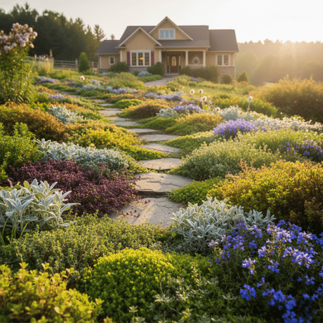 Ground Covers along a rock walkway leading up to a country home
