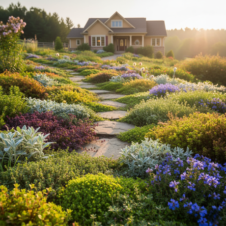 Ground Covers along a rock walkway leading up to a country home