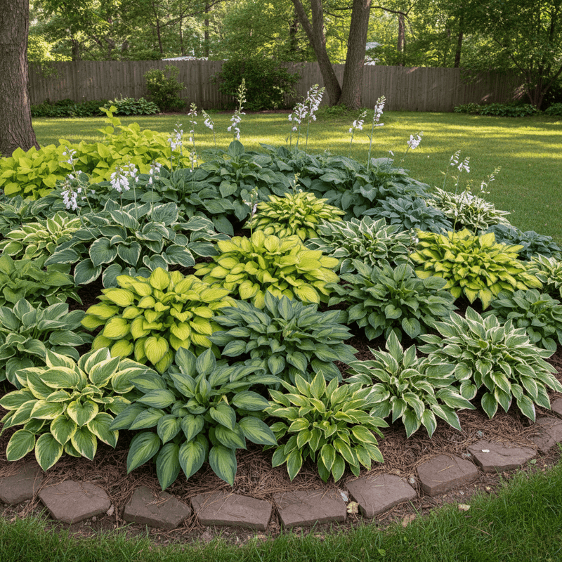 A variety of hosta plants in a backyard shade garden, showcasing a collection of green, blue, and variegated foliage textures.