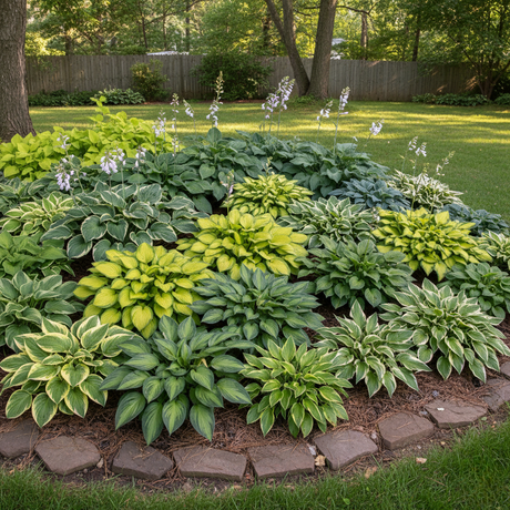A variety of hosta plants in a backyard shade garden, showcasing a collection of green, blue, and variegated foliage textures.
