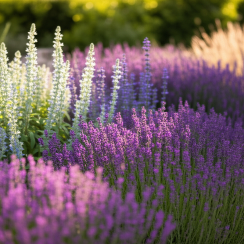 Deer resistant plants for sale - lavender, salvia, and ornamental grasses in a garden landscape
