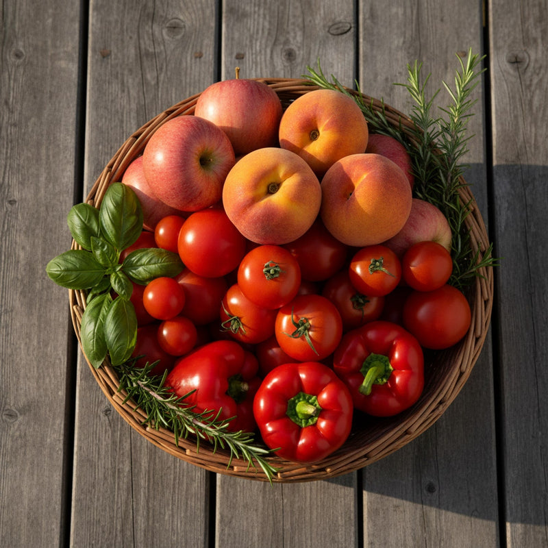 Wicker harvest basket overflowing with mixed edible plants including apples, peaches, tomatoes, peppers, basil, and rosemary