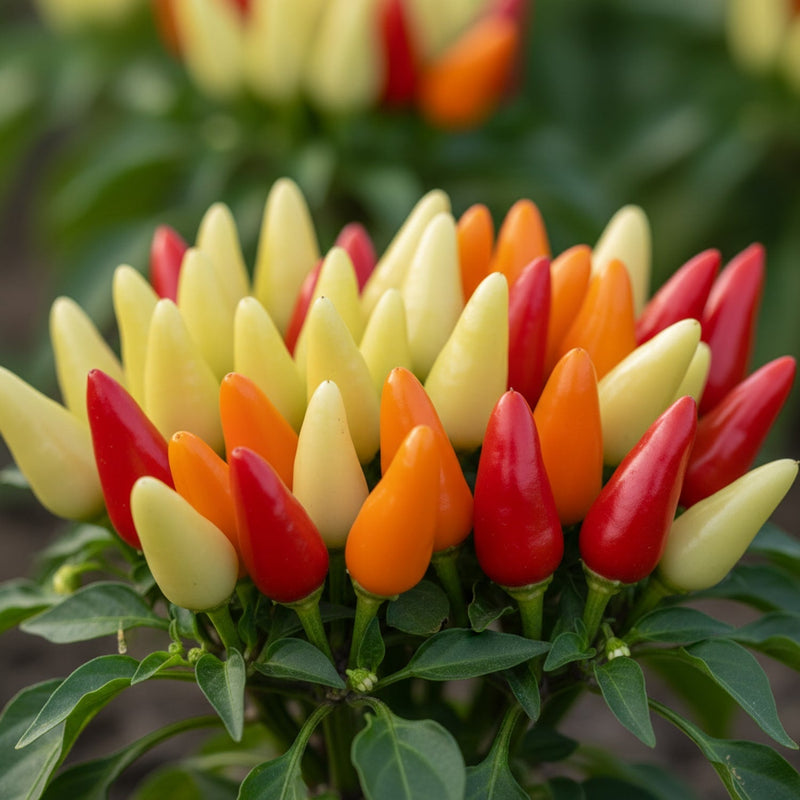 Close-up of an ornamental hot pepper plant with multi-colored fruit ripening from cream to yellow, orange, and fiery red, representing the Nature Hills pepper plant collection