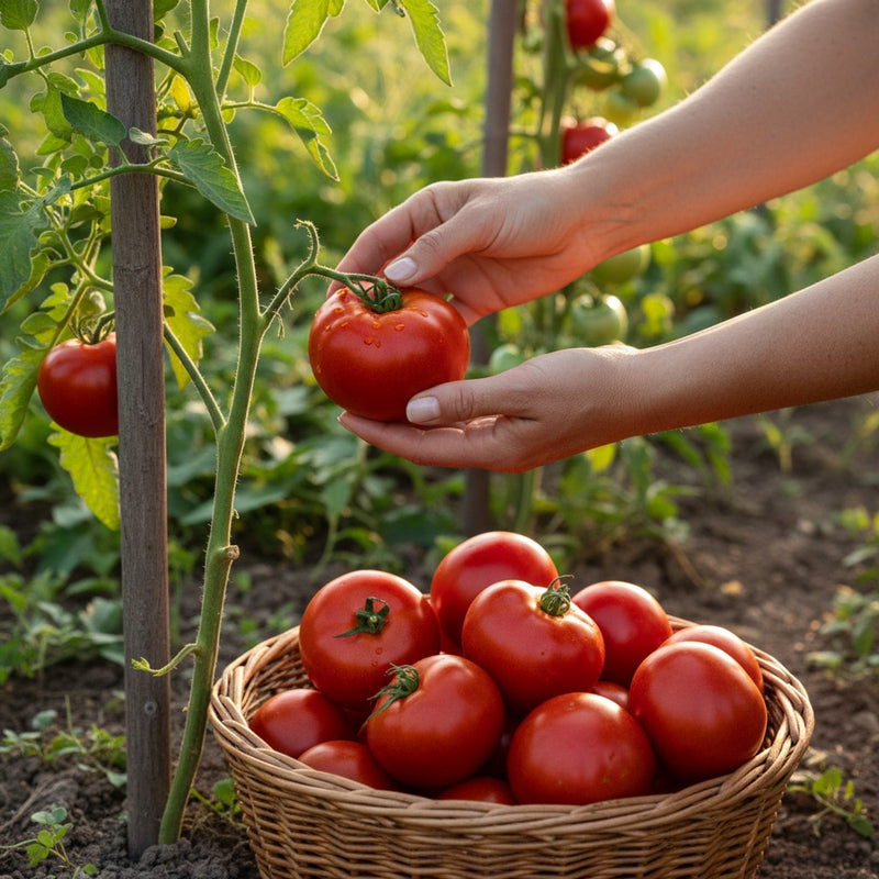 Hands gently picking a ripe red tomato from a staked vine into a wicker basket, representing the Nature Hills tomato plant collection